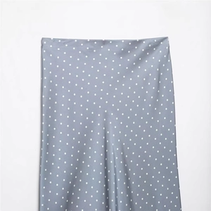 Elegant dusty blue satin midi skirt with white polka dots for women's fashion