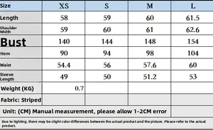 Detailed size guide for pinstripe bomber jacket with measurements for XS to L sizes