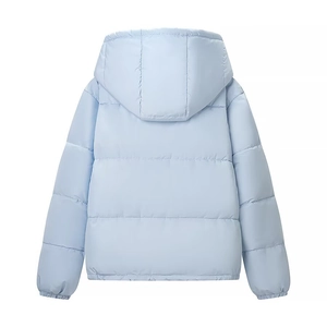 Back view of light blue padded hooded winter jacket featuring horizontal quilting
