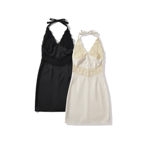 European Style Halter Lace Patchwork Hollow Out Mini Dress Backless Bow Tie A-Line Summer Vacation Party Dress For Women