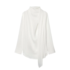 Detailed view of elegant white satin shirt with high neck scarf tie and draped folds