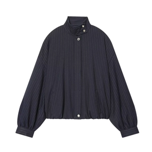 Women's Casual Pinstripe Bomber Jacket Stand Collar Polyester Zipper Lantern Sleeve Loose Outerwear Navy Blue Fashion Coat