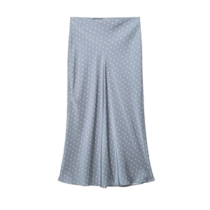 Elegant dusty blue satin midi skirt with white polka dots and a glossy finish