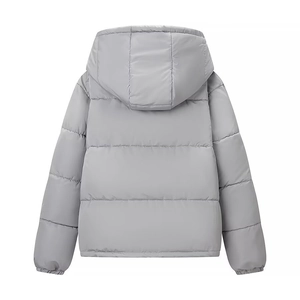 Back view of gray padded hooded jacket featuring horizontal quilting and elastic cuffs