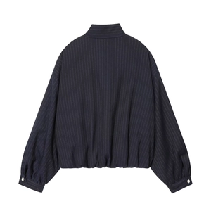 Detailed back view of navy pinstripe bomber jacket with elastic hem and high collar