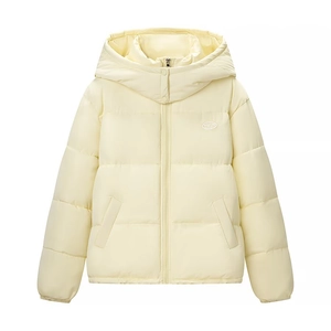 Detail of cream hooded winter jacket with horizontal quilting and neck button closure