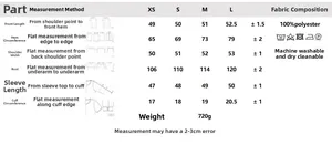 Detailed size guide for hooded jacket showing XS-L measurements in centimeters