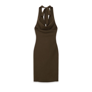 Elegant slim fit coffee brown halter neck knit dress with draped neckline for women