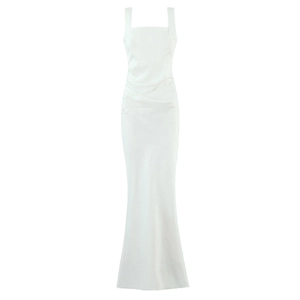 Detailed view of white mermaid gown with square neckline and side ruched waist pleats