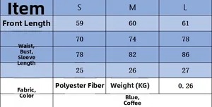 Size chart detail for knitted skirt-hem top and pants set in blue and coffee colors