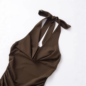 Slim fit halter neck ruched coffee brown dress featuring a bow tie back design