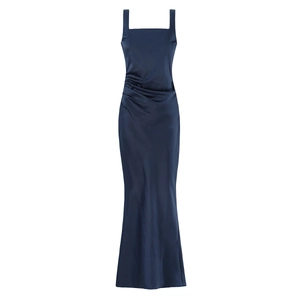 Close-up of navy blue satin dress featuring elegant side ruching and sleek fabric texture