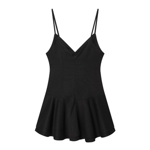 Slim fit black V-neck camisole romper dress with peplum hem and thin straps
