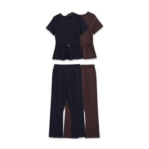 Women Knit Peplum Short Sleeve Top And Straight Leg Trousers With Gold Buckle Belt Navy Coffee Casual Elegant Co-ords