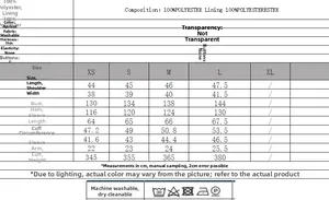 Detailed size chart for polyester jacket with length, chest, and washing instructions