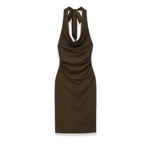 Dark brown halter neck mini dress with cowl neck and ruched detailing on white background