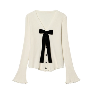 Cardigan da donna con scollo a V, fiocco in velluto nero e bottoni a cuore