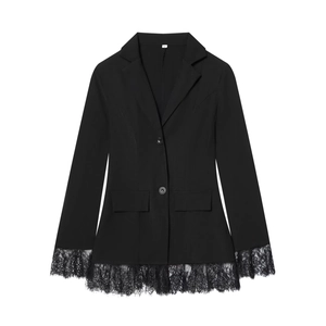 Detail of elegant black blazer featuring delicate eyelash lace trim on sleeves and hem