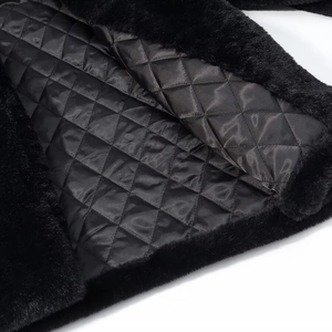 Detail of black faux fur coat showing soft plush texture and quilted satin lining