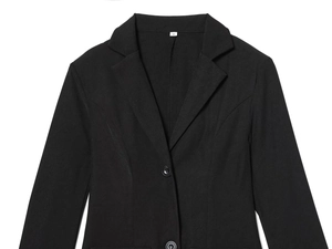 Detail of classic black blazer with resin buttons and notched lapels and size M label