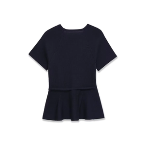 Deep blue short sleeve knit top with round neck and peplum hem detail shown flat