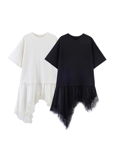 Women Casual Short Sleeve T-Shirt Asymmetric Lace Spliced Hem Round Neck Loose Cotton Blend Solid Color Commuter Fashion Top