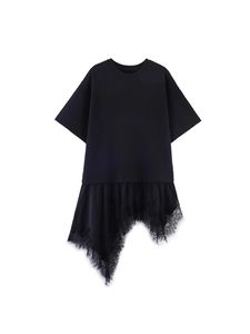 Women's black short sleeve t-shirt featuring asymmetrical lace and satin patchwork hem