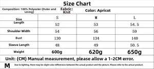 Size chart with measurements and material details for the apricot teddy fleece jacket