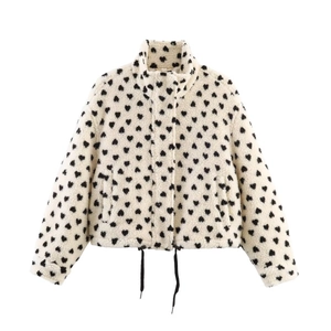 Women's Heart Print Sherpa Fleece Jacket Stand Collar Teddy Velvet Baseball Uniform Outerwear With Drawstring Hem