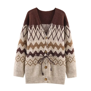 Women Vintage Geometric Jacquard Knit Cardigan V-Neck Long Sleeve Loose Sweater Jacket With Belt Autumn Winter Outwear