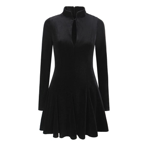 Women Vintage Black Velvet Texture Mini Dress Elegant Mock Neck Cutout Long Sleeve A-Line Pleated Slim Fit Party Dress