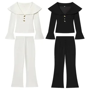 Outfit Donna Moda Casual Top Con Grande Bavero E Pantaloni A Zampa Eleganti Bottoni Oro Manica Lunga Abito Streetwear Ufficio
