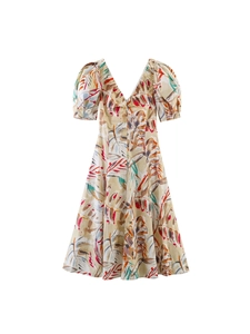 French Vintage Women Abstract Tropical Floral Print V-Neck Puff Sleeve Midi Dress Casual High Waist A-Line Vacation Dress
