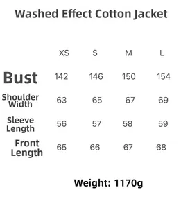 Size chart for washed cotton padded jacket showing chest, shoulder, and sleeve measurements