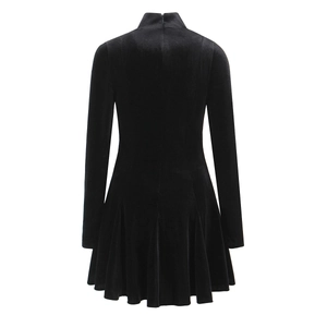 Detail view of the black velvet dress back with an invisible zipper and high collar
