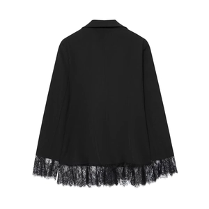 Chic black slim fit blazer with elegant lace patchwork on hem and cuffs back view