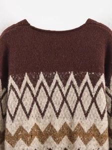 Close-up of vintage argyle pattern and knit texture on a brown V-neck cardigan