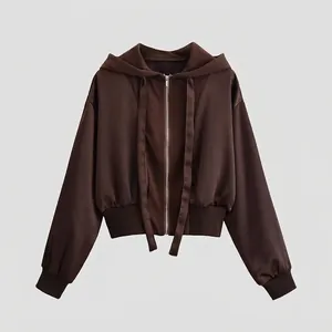 Women Casual Cropped Hooded Jacket 100% Polyester Long Sleeve Zip Up Hoodie With Drawstring Ribbed Trim Winter Outerwear