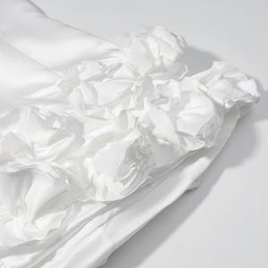 Elegant white satin dress featuring intricate 3D handmade rose flower embellishments