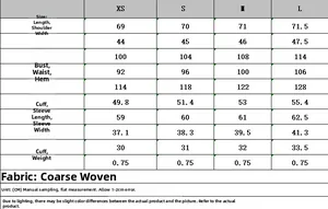 Size chart table for tweed blazer showing measurements in CM for sizes XS to L