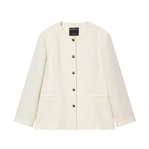 Women Elegant Tweed Jacket Round Neck Single Breasted Metal Button Blazer Cream White Textured Casual Long Sleeve Coat