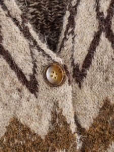 Detailed close-up of thick knit cardigan texture with marble button and geometric patterns
