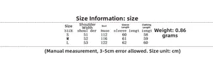 Size chart table for winter fashion jacket with measurements in centimeters for S, M, L
