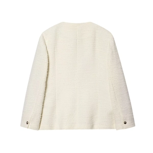 Back view of a white tweed jacket featuring elegant textured fabric and decorative buttons