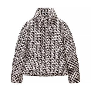 Women Geometric Monogram Print Padded Jacket Winter Stand Collar Long Sleeve Quilted Warm Streetwear Puffer Coat Outerwear