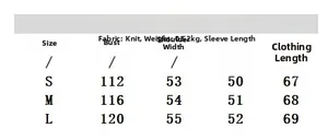 Detailed size chart for women's loose knit cardigan with measurements for S, M, and L