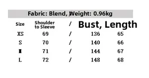 Size chart detail for winter jacket with bust and length measurements in centimeters