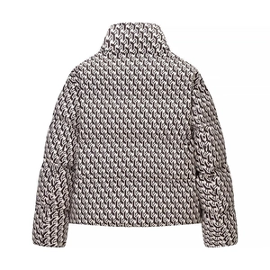 Detailed back view of a winter padded jacket featuring a geometric Y-shaped pattern