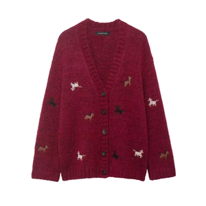 Women Casual V Neck Knit Cardigan Long Sleeve Single Breasted Loose Sweater Wine Red Coat With Horse Embroidery Sequins