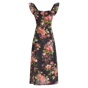 French Retro Floral Print Ruffle Midi Dress Women Summer Elegant Square Neck Slim Fit Side Slit Sleeveless Polyester Dress